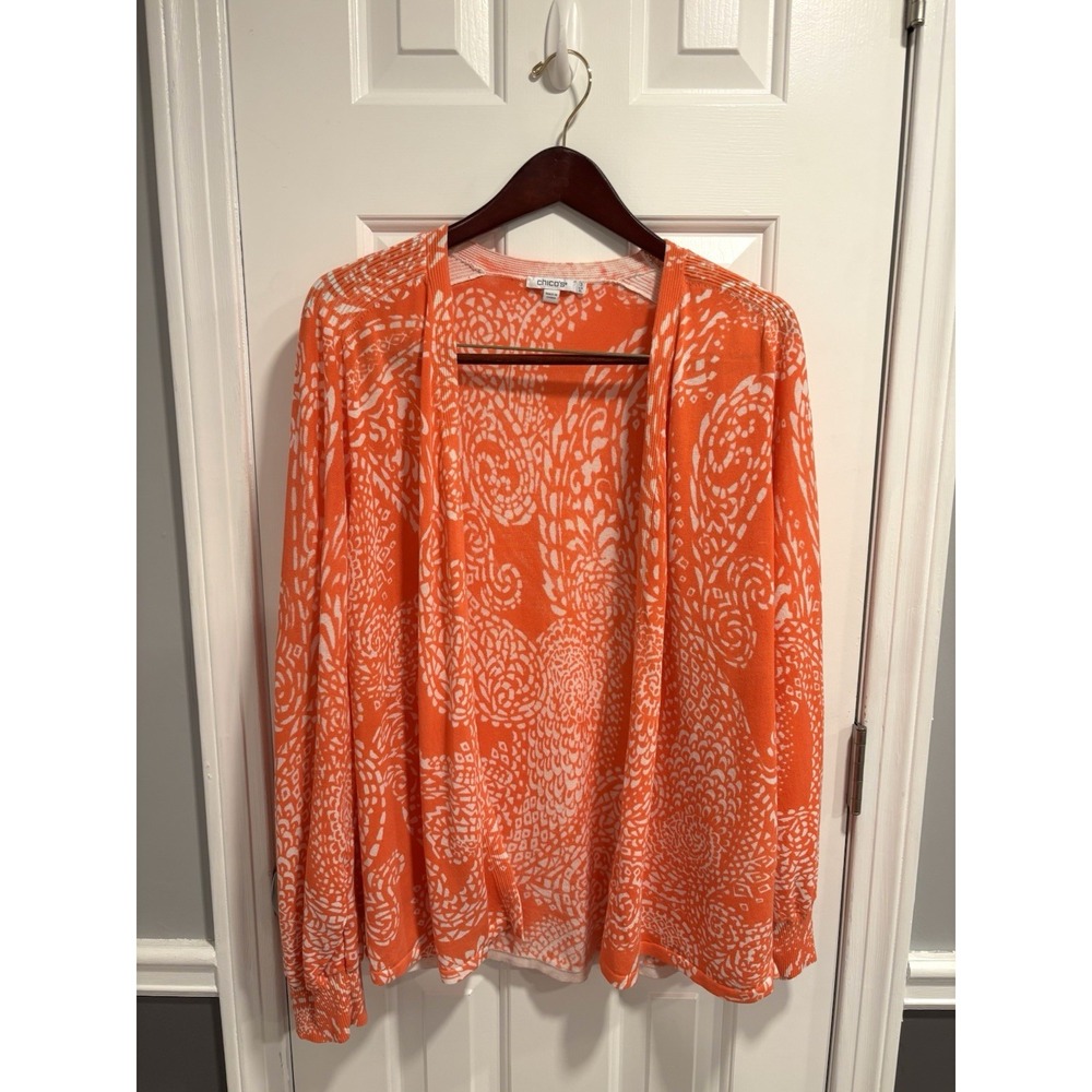 Chicos‎ Orange White Paisley Long Sleeve Lightweight Open Front Cardigan Sz 3